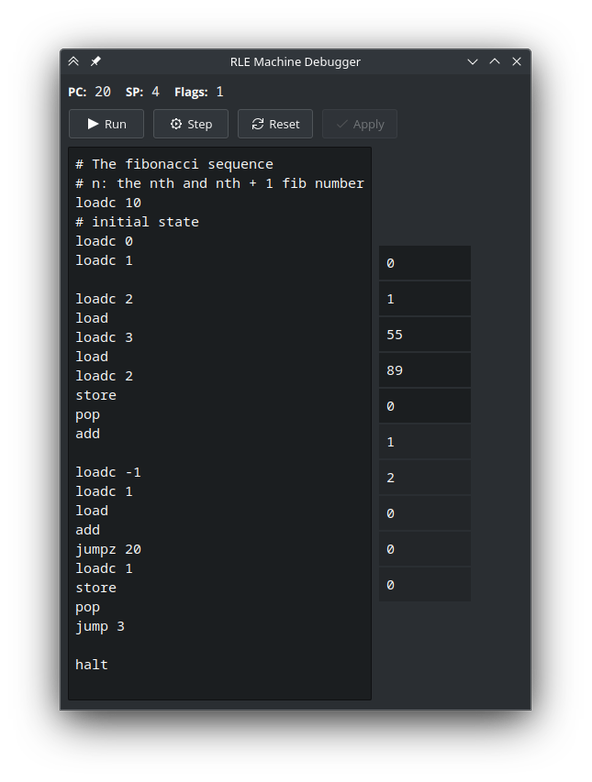 Graphical interface for the RLE stack machine